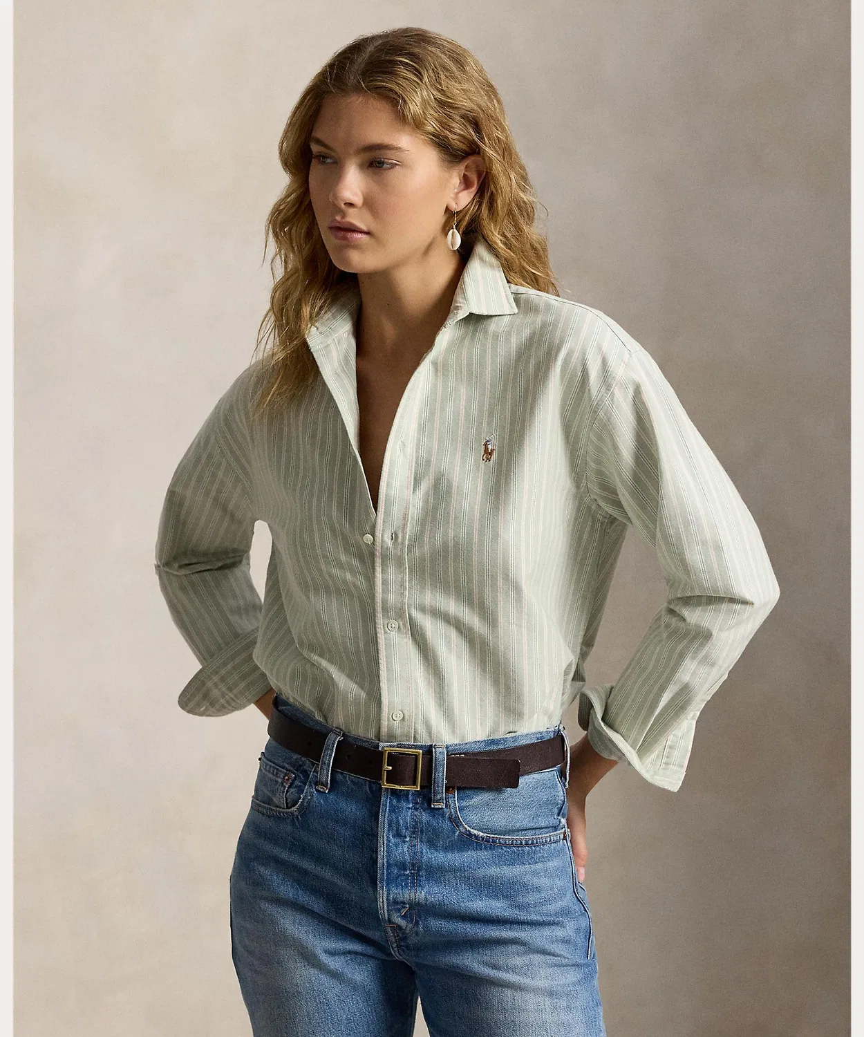 Женская рубашка свободного кроя из хлопка оксфорд с длинным рукавомRelaxed Fit Cotton Oxford Shirt POLO RALPH LAUREN, Зеленый