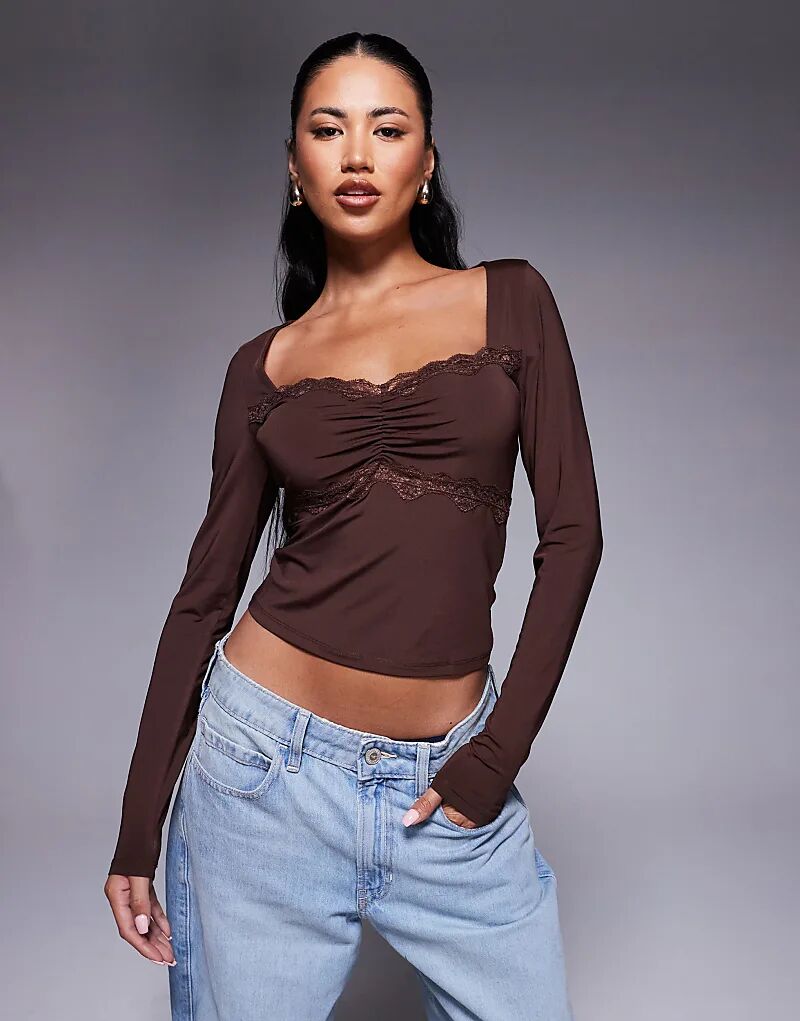 

Лонгслив ASOS DESIGN шоколадного цвета с кружевной отделкой, квадратным вырезом, сборками спереди и длинными рукавами