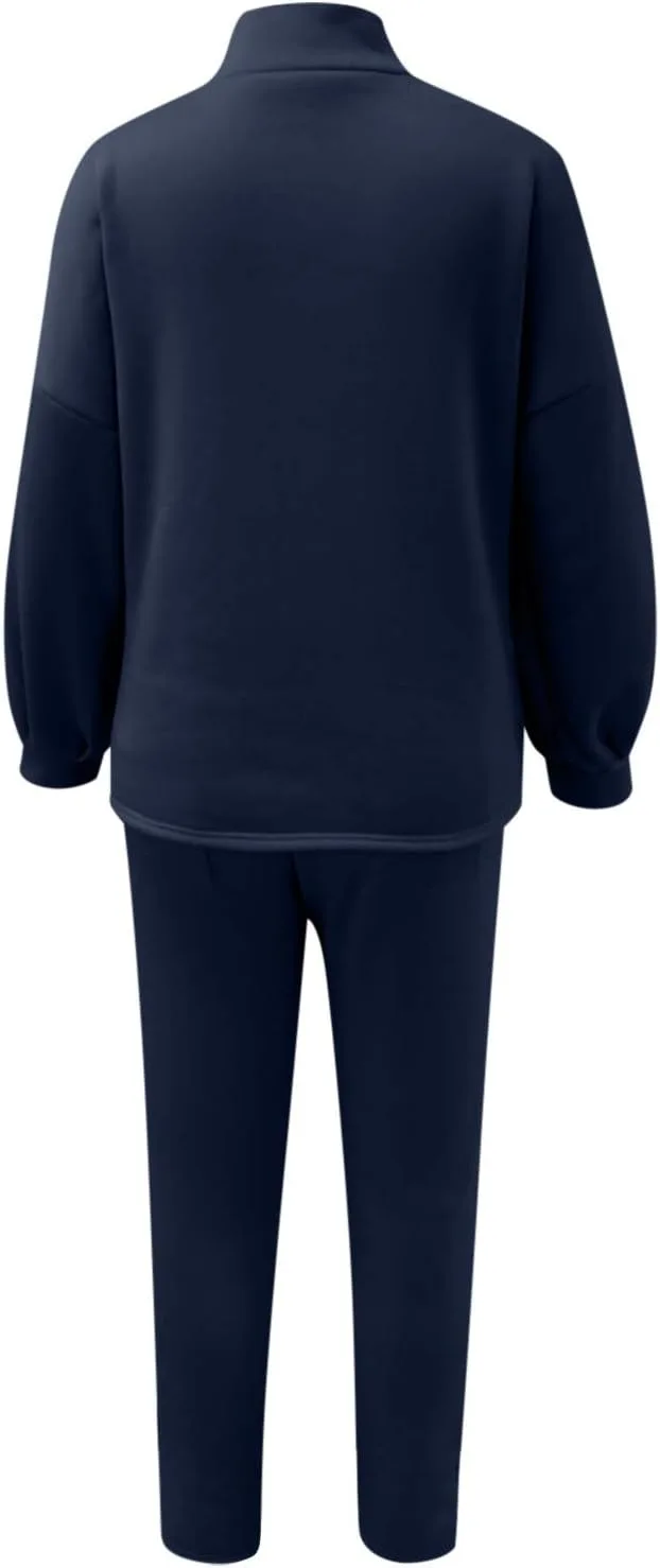 Женский спортивный костюм из двух частей: толстовка с круглым вырезом и длинными рукавами, брюки на завязках Generic, темно-синий — фото 3
