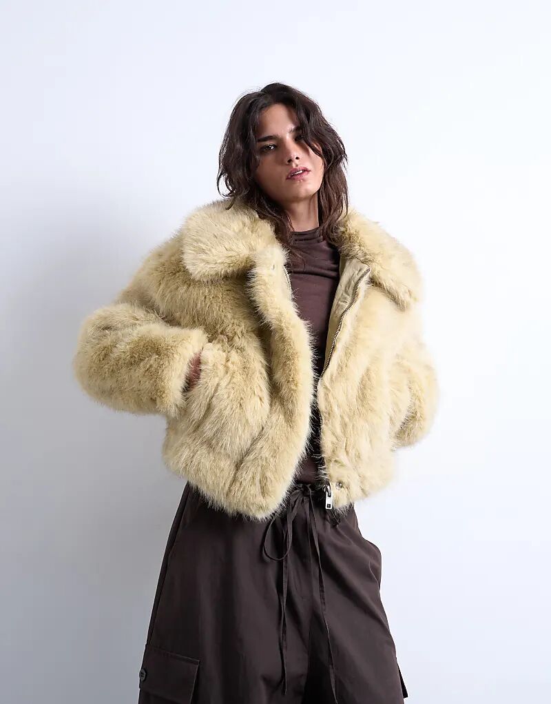 

Куртка-бомбер Topshop из искусственного меха на молнии цвета пахты