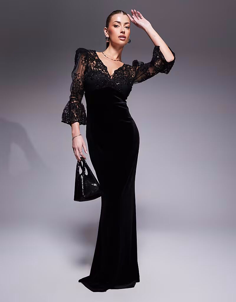 

Платье макси Goddiva из фестончатого кружева и бархата, однотонное черное