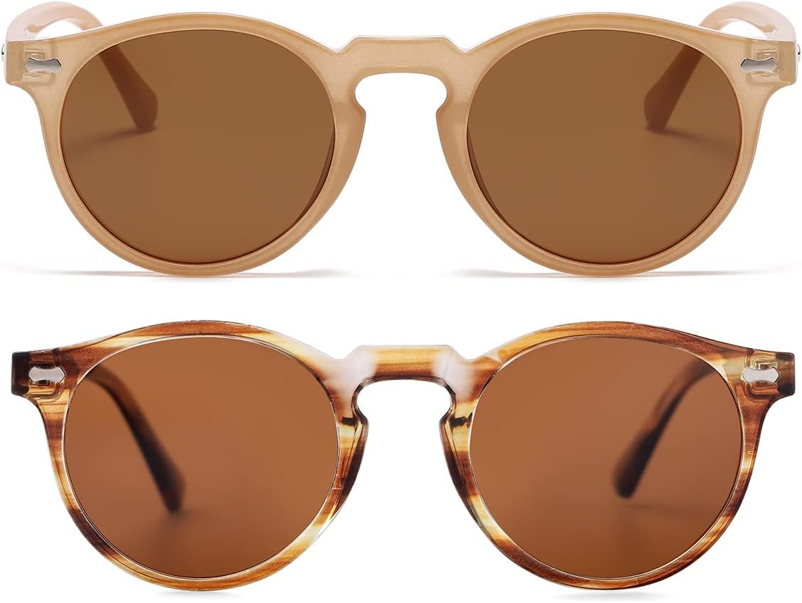 

NIDOVIX Винтажные поляризованные солнцезащитные очки для мужчин и женщин, круглые, в стиле ретро, ​​классические, модные, с защитой от УФ-излучения UV400, Two Pack: (Amber/Brown+stripe Brown/Brown)