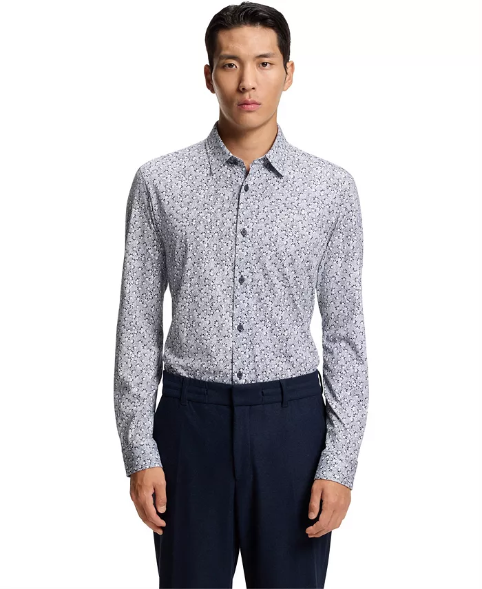 

Мужская облегающая рубашка из хлопковой смеси Hugo Boss, синий