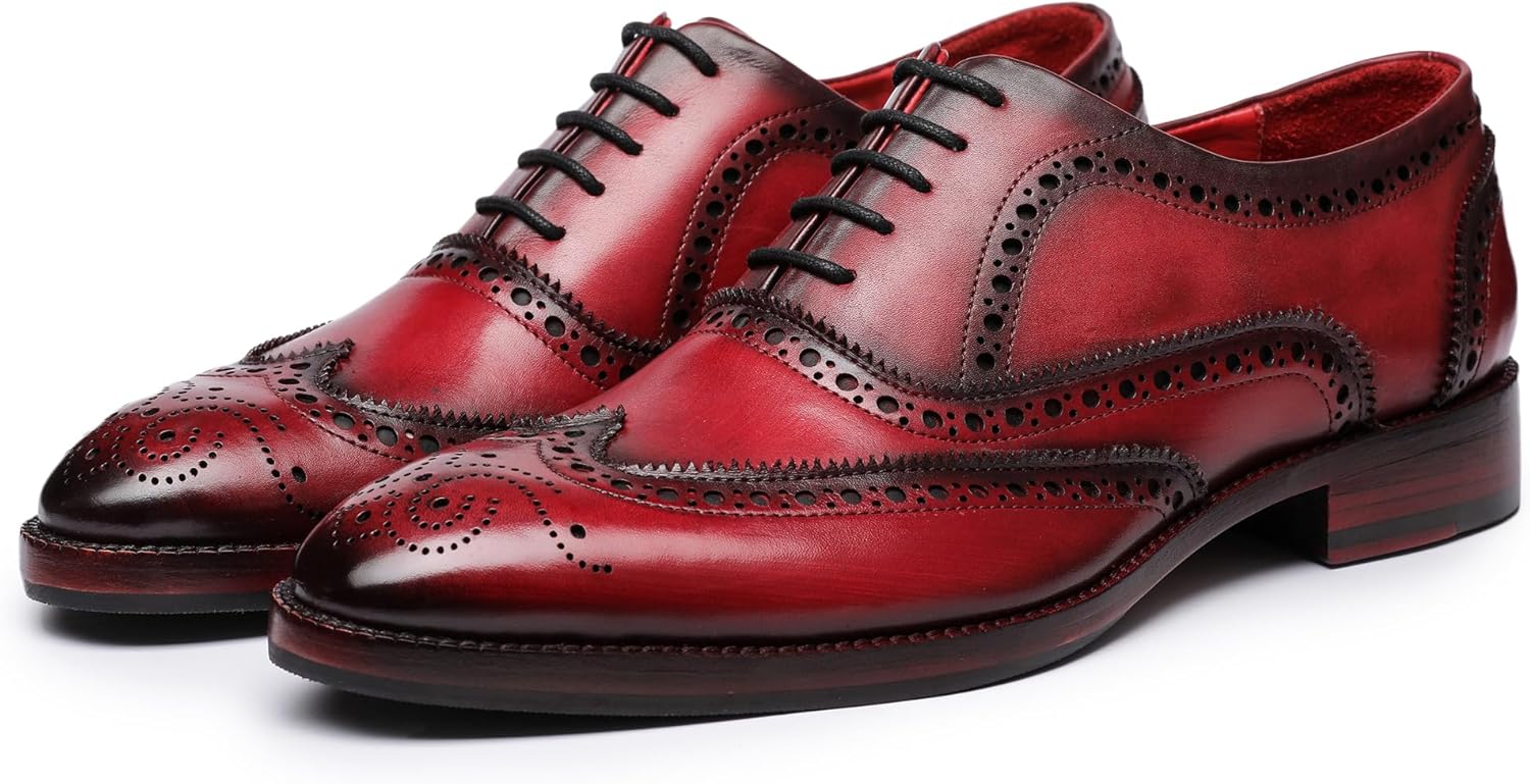 

Мужские туфли оксфорды Lethato Wingtip Brogue ручной работы из натуральной кожи с шнуровкой, красный