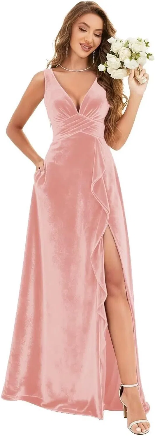 Женское бархатное платье с разрезом V-образным вырезом A-силуэта, Blush Pink