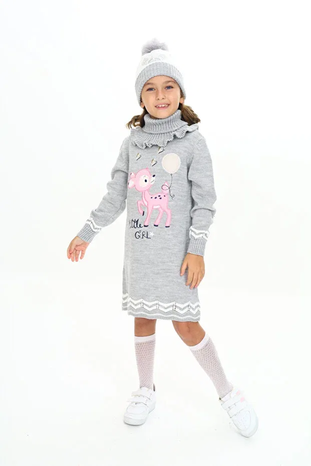Детский комплект для девочек с принтом 3-Piece set with balloon gazelle patterned beret and scarf on the girl's dress tail Sevimli, Gri