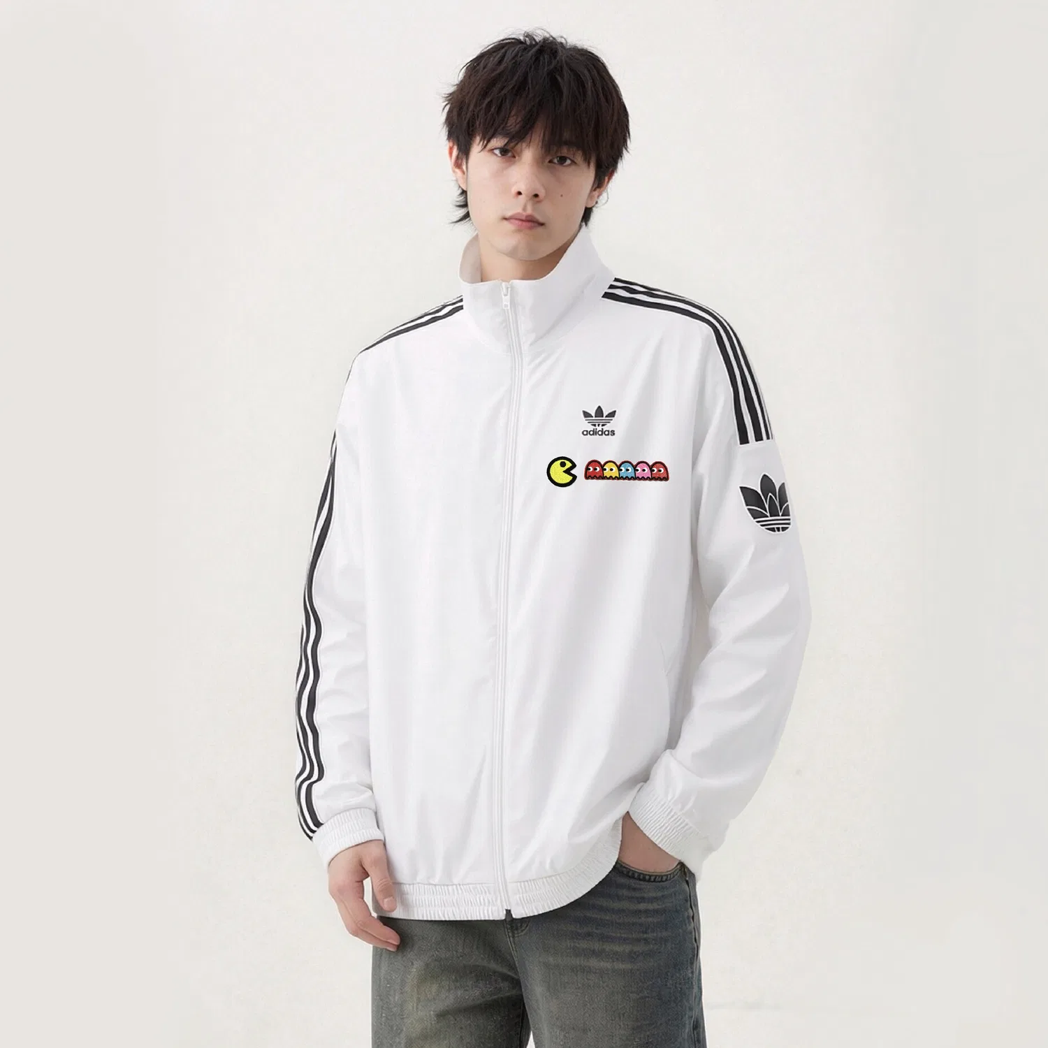 Куртка unisex white stand collar moderate straight fit, Adidas Originals — фото 4