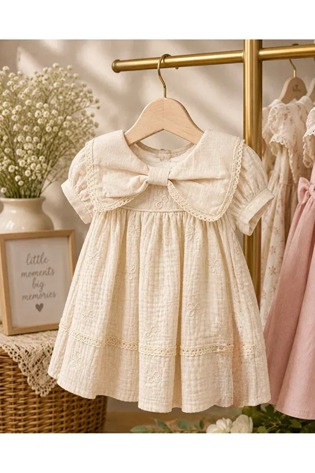 Детское платье для девочек муслиновое с коротким рукавом Miray Baby Kids, Ecru