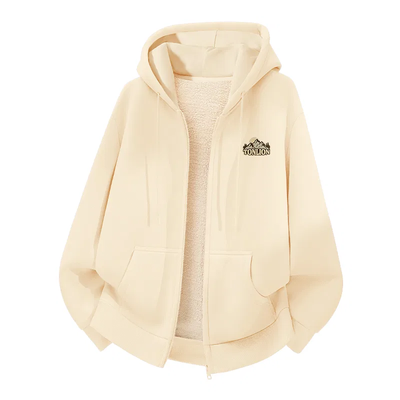 Детский худи с принтом Tonlion, Text: Thickened Huamian Lambswool Light Beige (Tb Morning Dawn Mountain Badge)