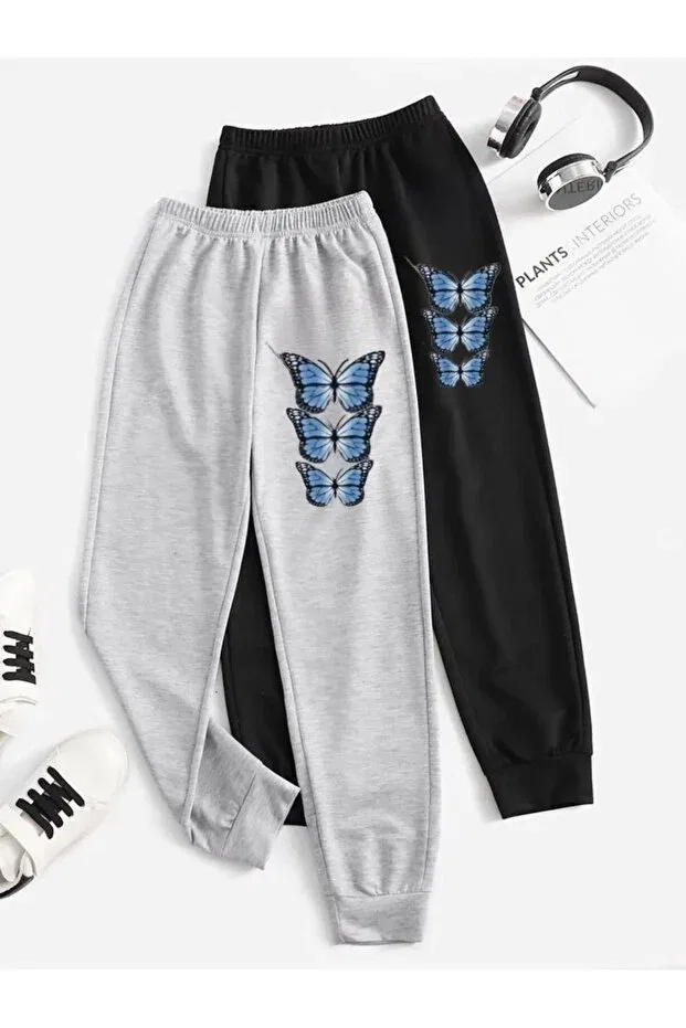 Детские спортивные штаны для девочек с принтом 2 предмета Butterfly Daxis Sportwear Company, Black-Gray