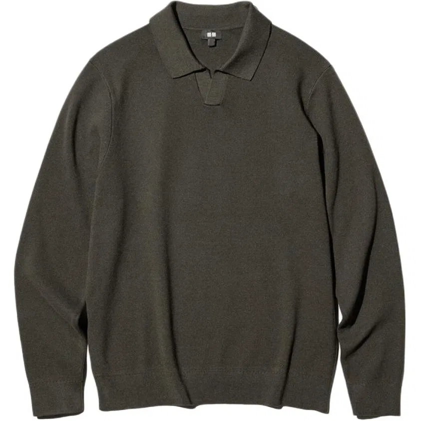 Мужское поло с полуоткрытым воротником, прямой крой, Brown Black, UNIQLO