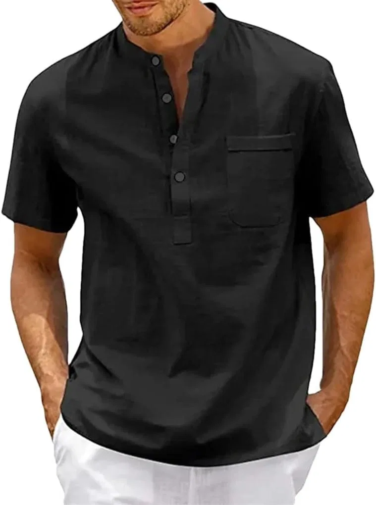 Мужская льняная футболка с коротким рукавом Casual, Black
