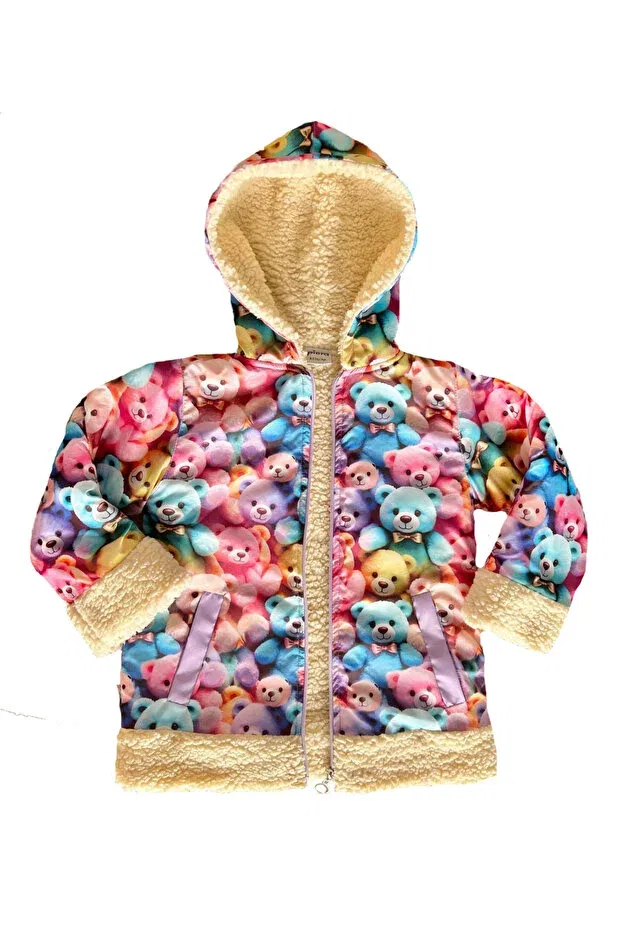 Детское пальто для девочек с принтом Waterproof Surface Teddy Plush Kids Coat By Piera, Teddy Bear — фото 2