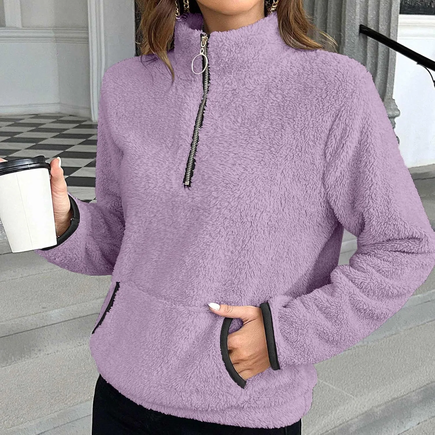 Женский свитшот с четвертью молнией, из флиса, с карманами, Purple-1 — фото 3