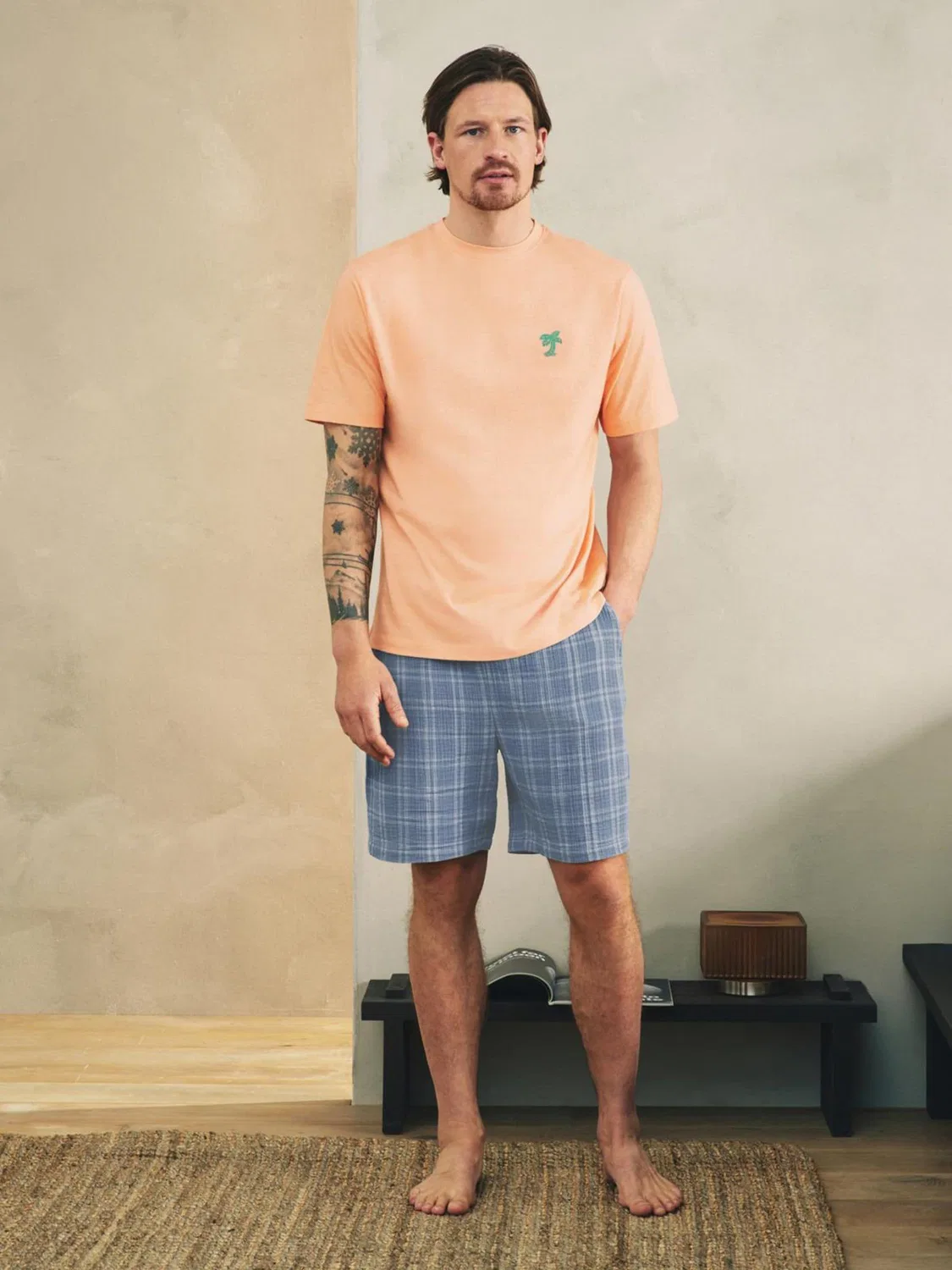 Пижама с коротким рукавом, клетчатая, Woven Short Sleeve Pyjamas Set Next, синий/оранжевый