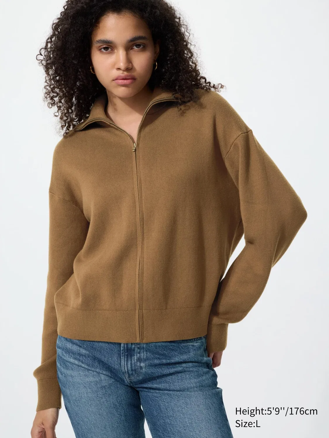 Кардиган Uniqlo, хлопковый, на молнии, коричневый