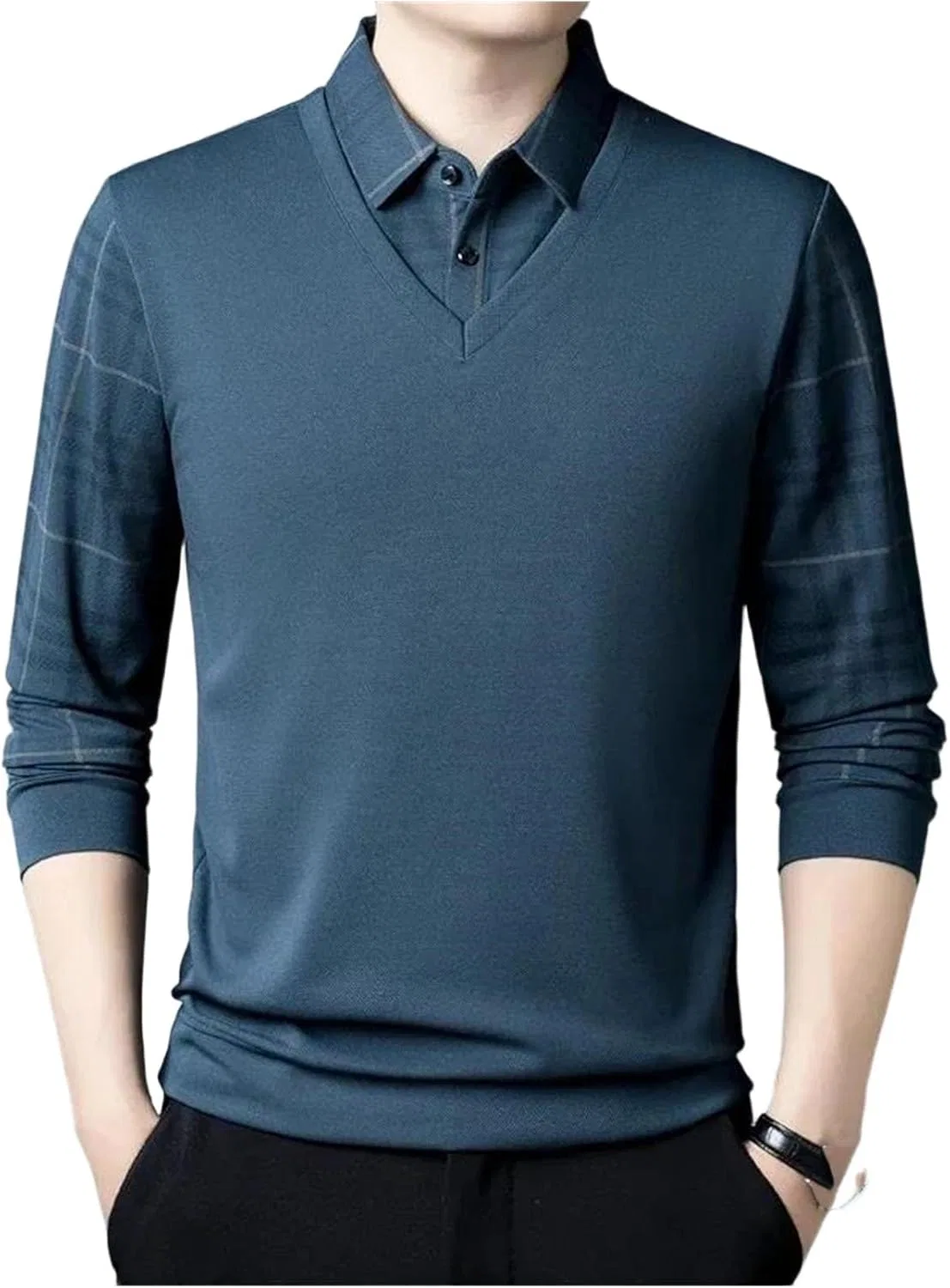 Мужская футболка с отложным воротником и имитацией двухслойности, Navy Blue