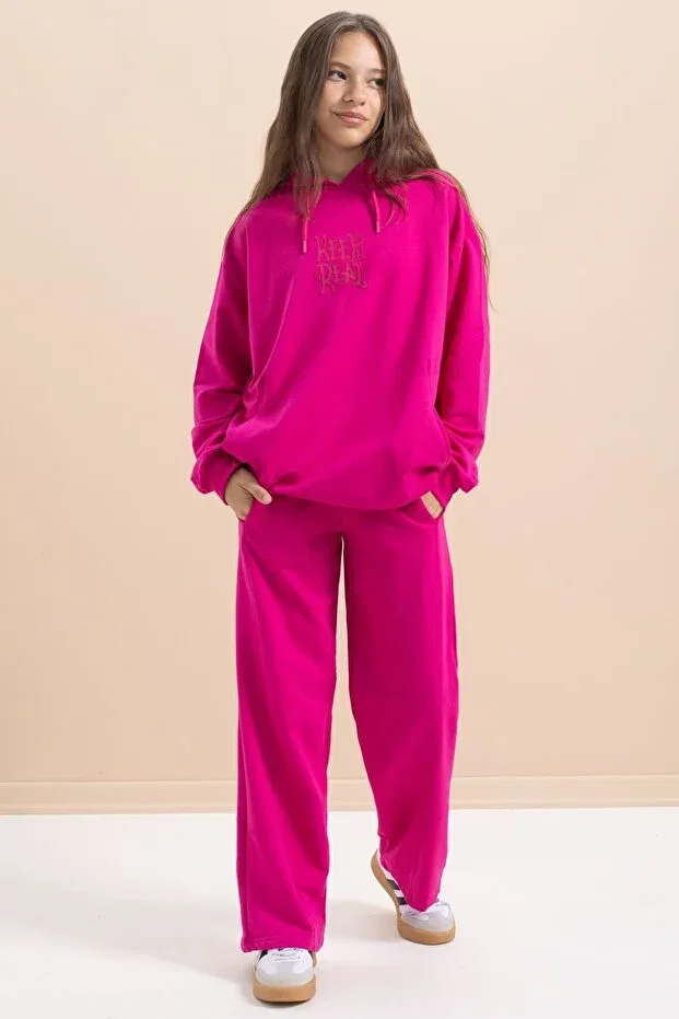 Детский спортивный комплект для девочек с принтом Fuchsia Text Printed Hooded Wide Leg Girls Tracksuit Set Cansın Mini, Fuchsia