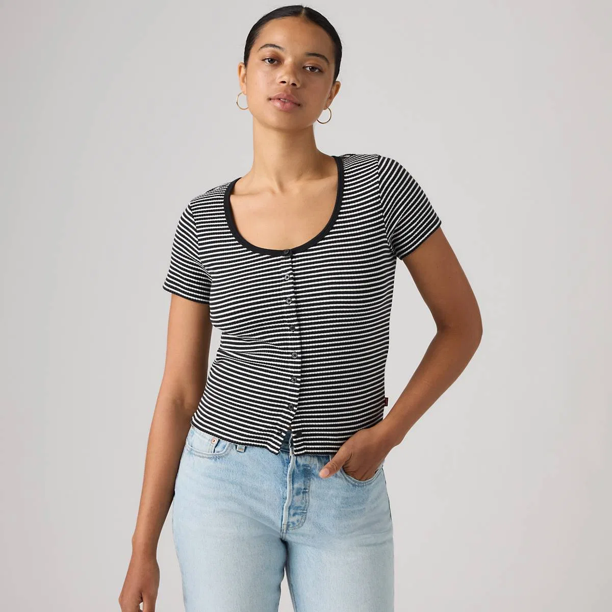Рубашка с коротким рукавом на пуговицах от Austen Levi's, Annalise Stripe Anthracite Night Egret - Black