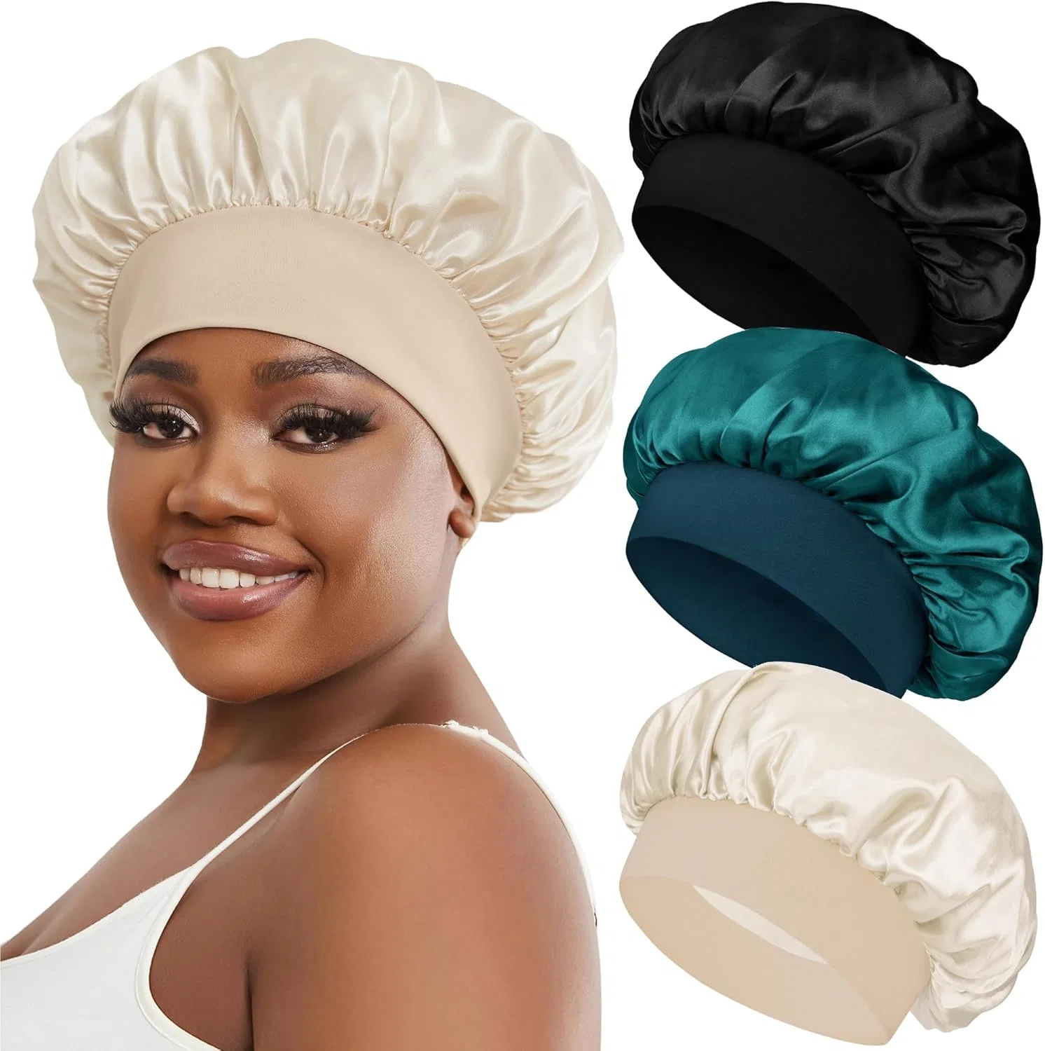 Шапочка для душа Satin Hair Bonnet, Aiphamy, набор 3 шт, Black