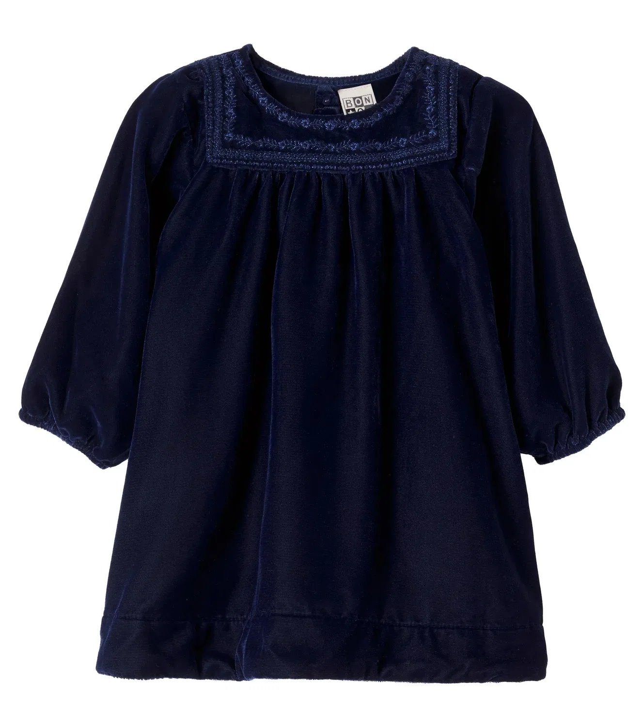 Детское бархатное платье с вышивкой и сборками Pimousse Bonton, синий