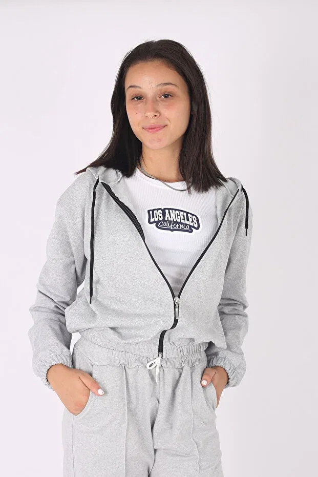 Детский комплект для девочек с принтом 3-Piece Hooded Crop Jacket T-Shirt And Long Bottoms Girls' Tracksuit Set Cm Buseyiz, Gray — фото 4