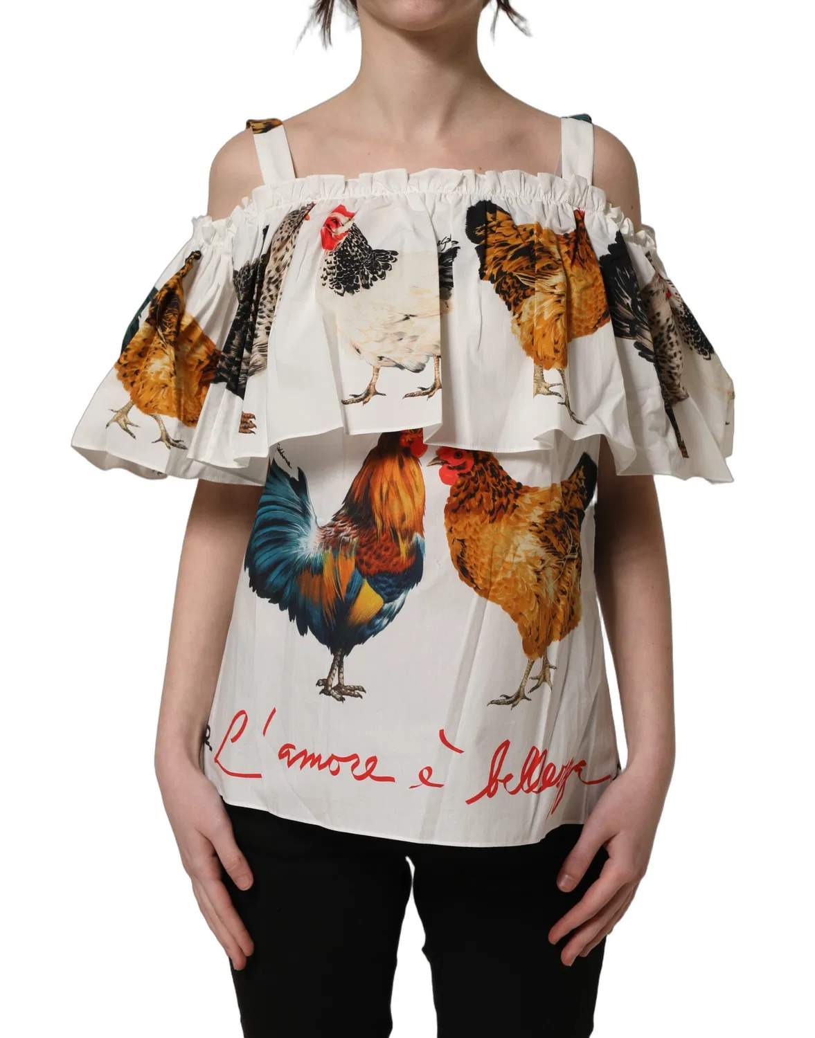 Женская блузка с открытыми плечами и принтом Off The Shoulder Dolce & Gabbana, White — фото 3