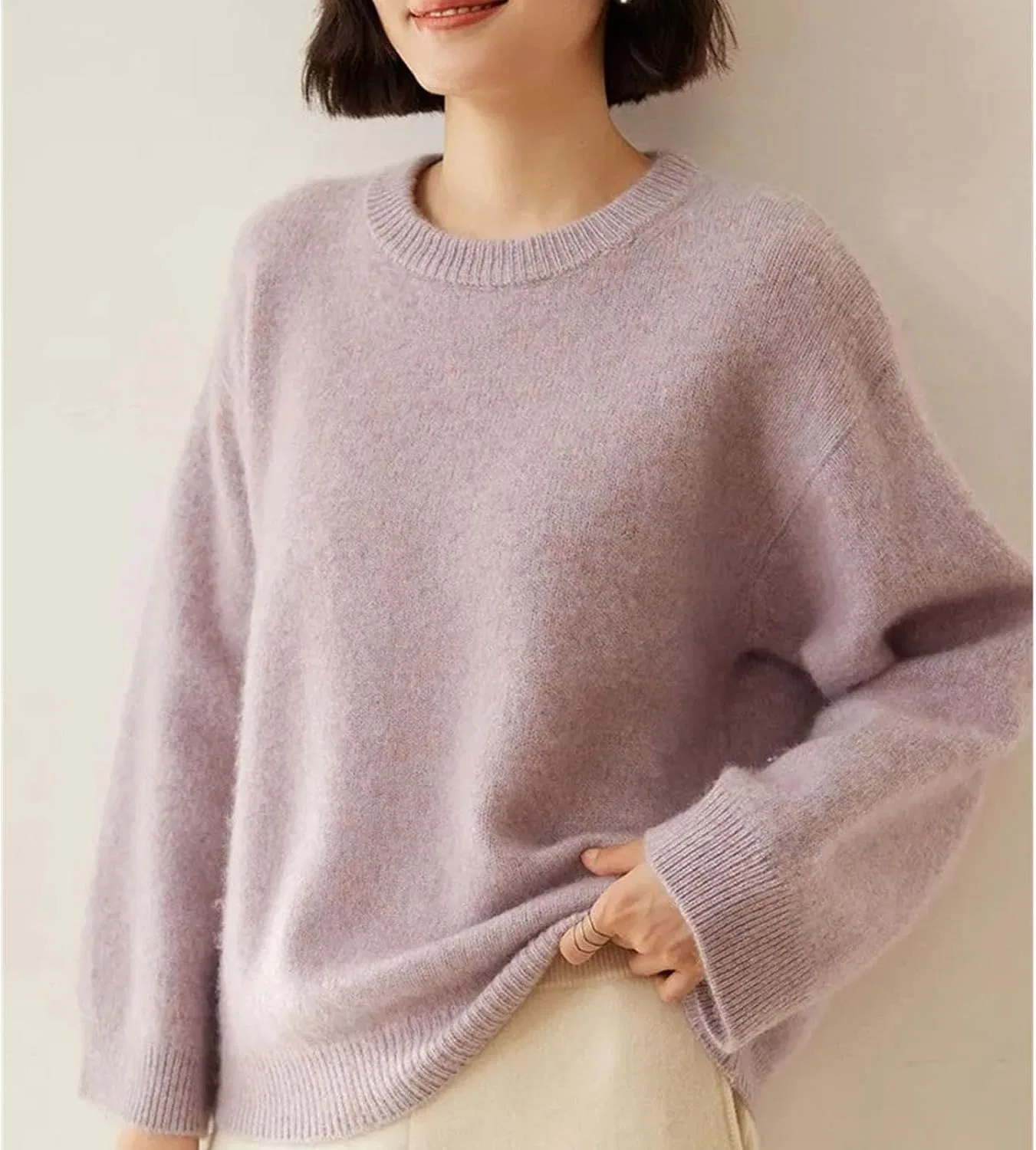 Женский пуловер с круглым вырезом, широким рукавом, Cashmere Sweater, Huashablue Gray — фото 4