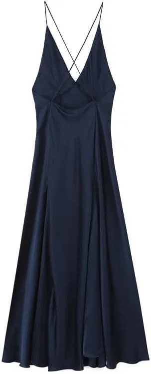 Женское длинное сатиновое платье на бретелях, Dark Blue — фото 3