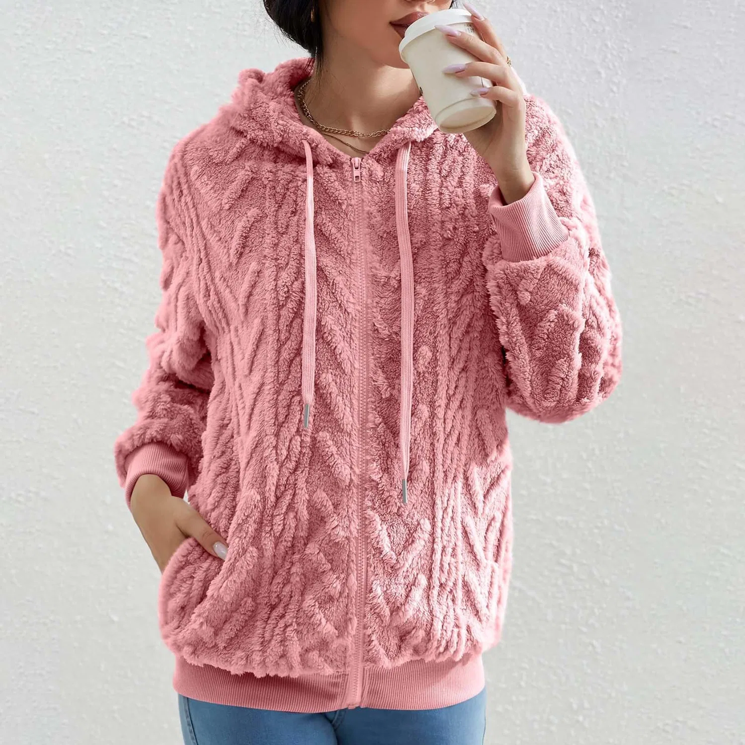 Женское утеплённое пальто с капюшоном на молнии с флисовой подкладкой, Watermelon Red — фото 2