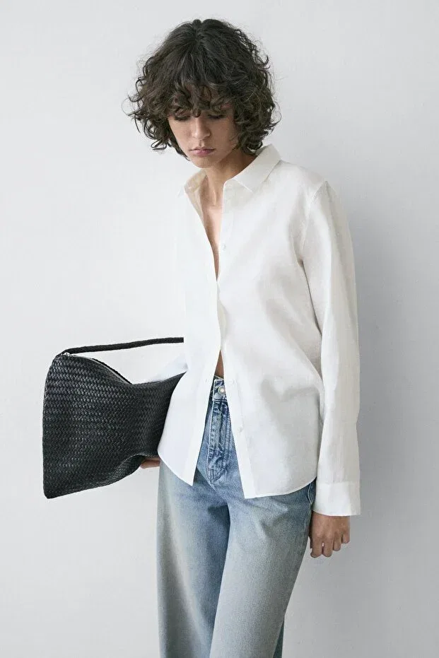 Женская рубашка из льна с длинным рукавом Massimo Dutti, White — фото 4