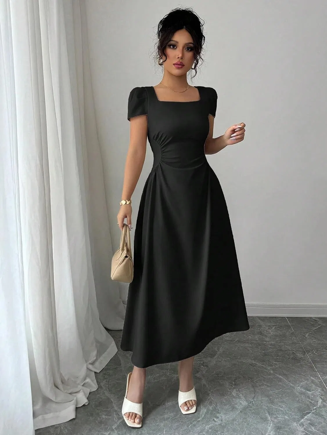 Женское элегантное платье A-силуэта с коротким рукавом, Black — фото 3
