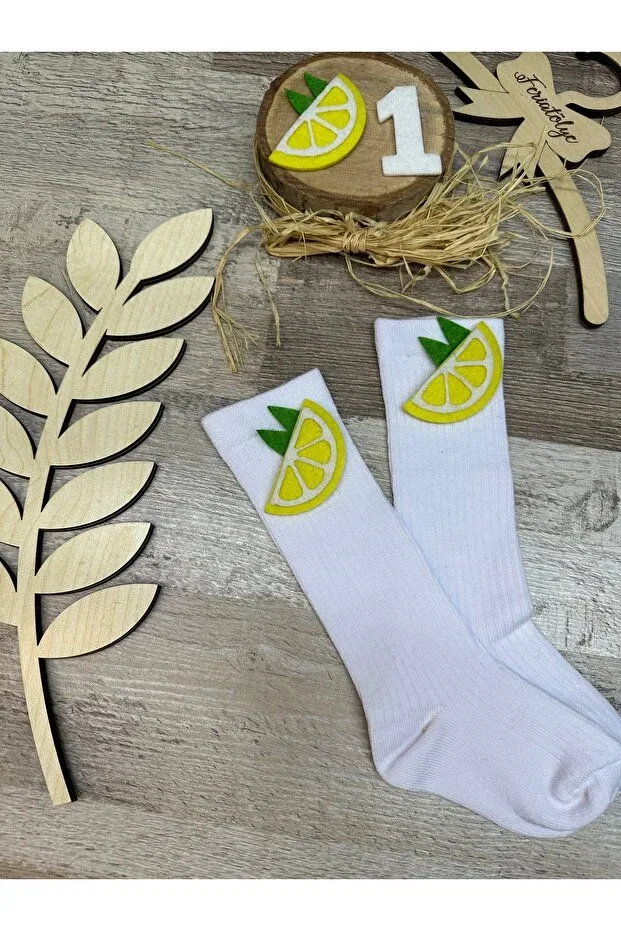 Детские носки для новорожденных с принтом Knee length lemon concept baby socks Feriatolye, White — фото 2