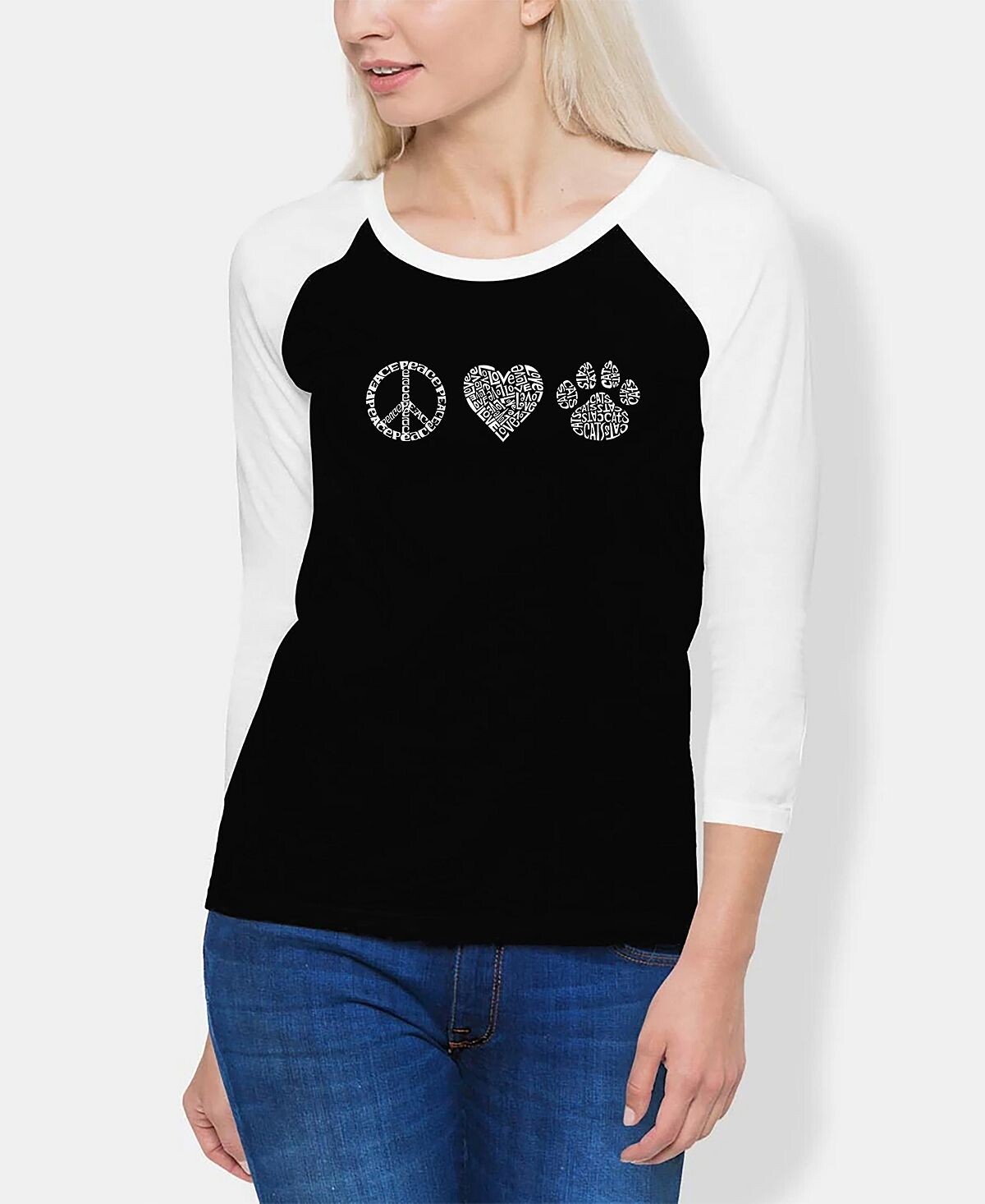 

Женская футболка реглан peace love cats word art LA Pop Art, черно-белый