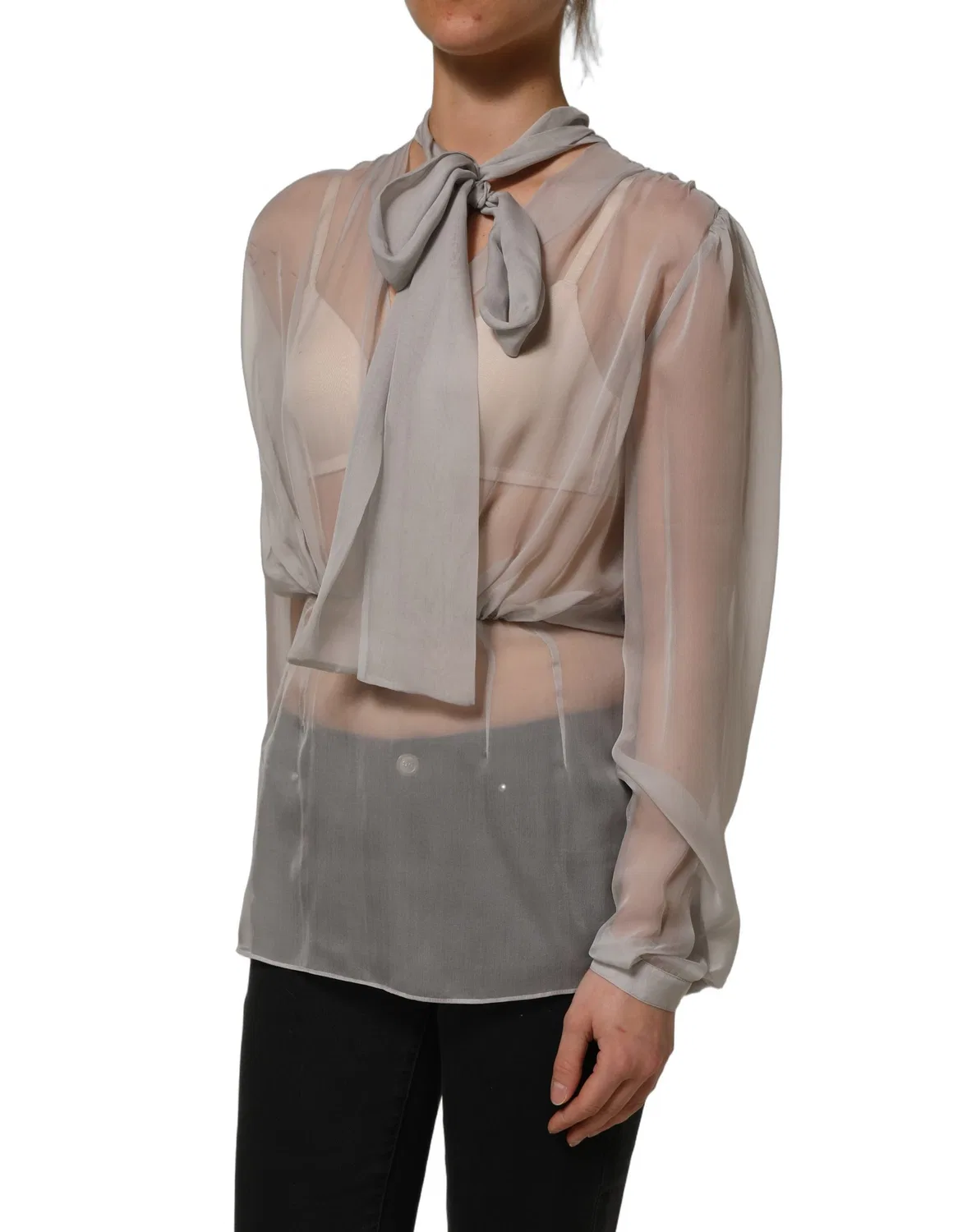 Женская блузка с бантом-воротником из шифона Collared Long Sleeves Blouse Dolce & Gabbana, Gray