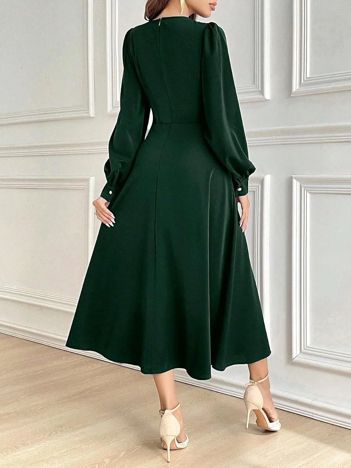 Женское A-силуэта платье с воротником-стойкой, Dark Green — фото 2