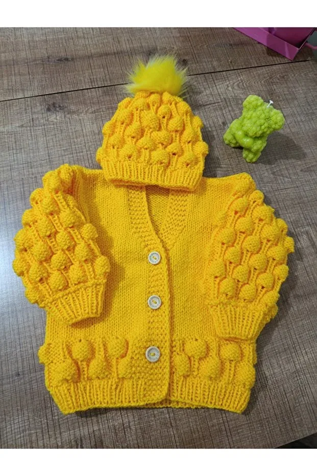 Детский кардиган для девочек вязаный Hand knitted girl's cardigan+beanie El Örgüsü Cici Bebe, Yellow — фото 2