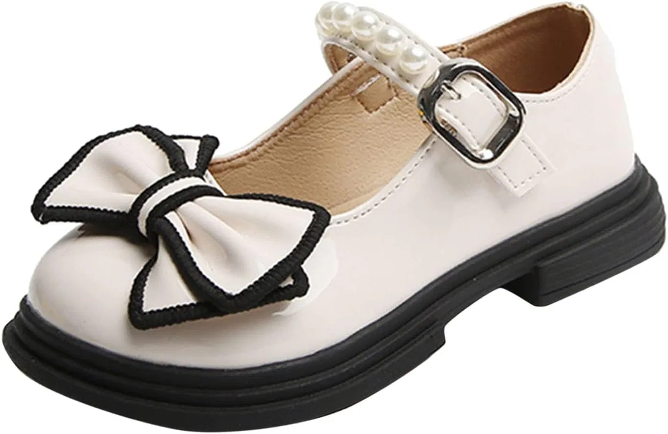 Детские туфли для девочек с бантом и жемчужной пряжкой Girls Boots, White