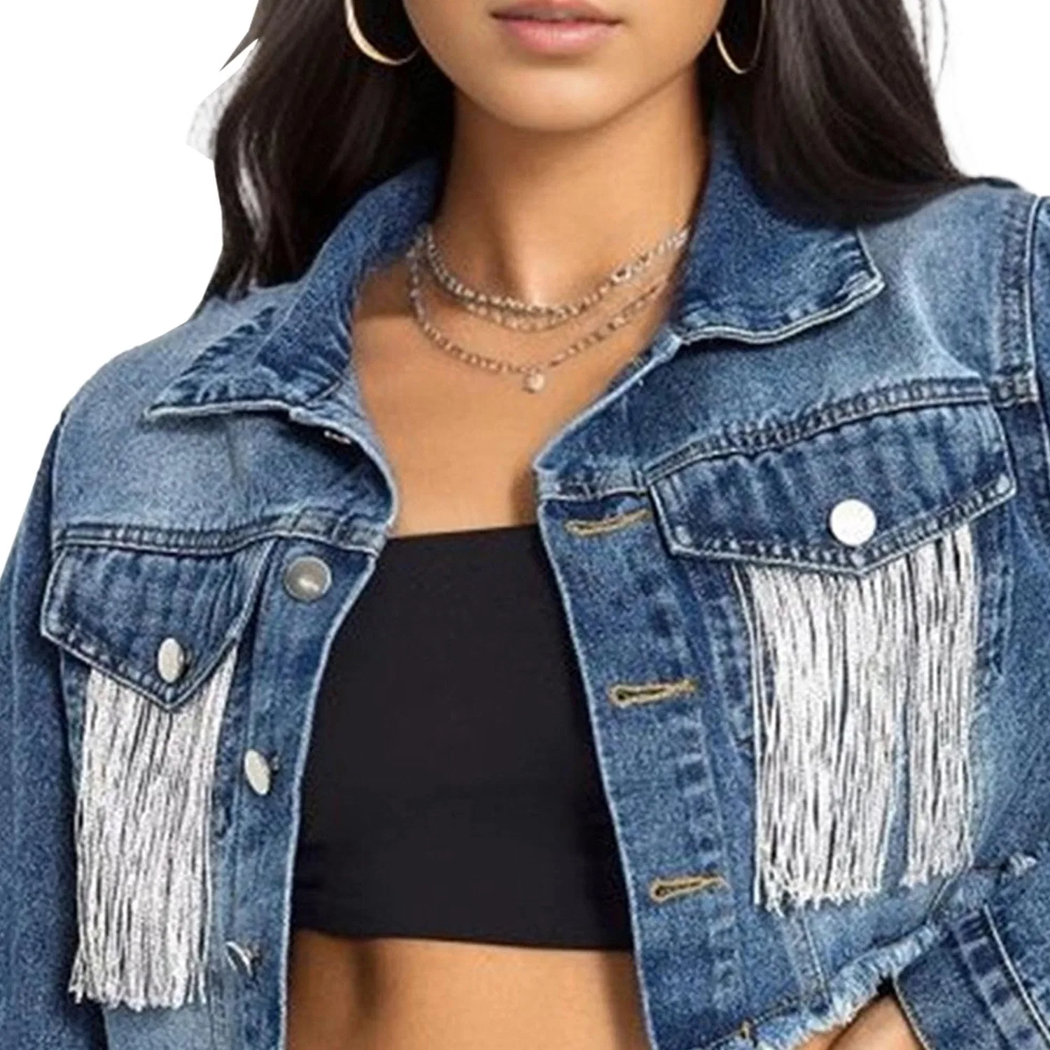 Женское джинсовое укороченное пальто с потертостями Western Cowgirl, Blu scuro — фото 4