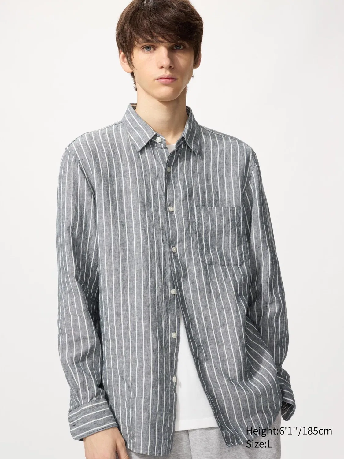 Рубашка Uniqlo, льняная, в полоску, темно-серый