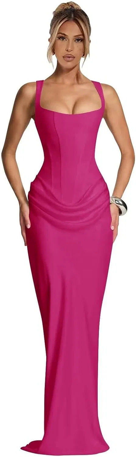 Женское длинное бодикон-платье с квадратным вырезом YH165, Fuchsia