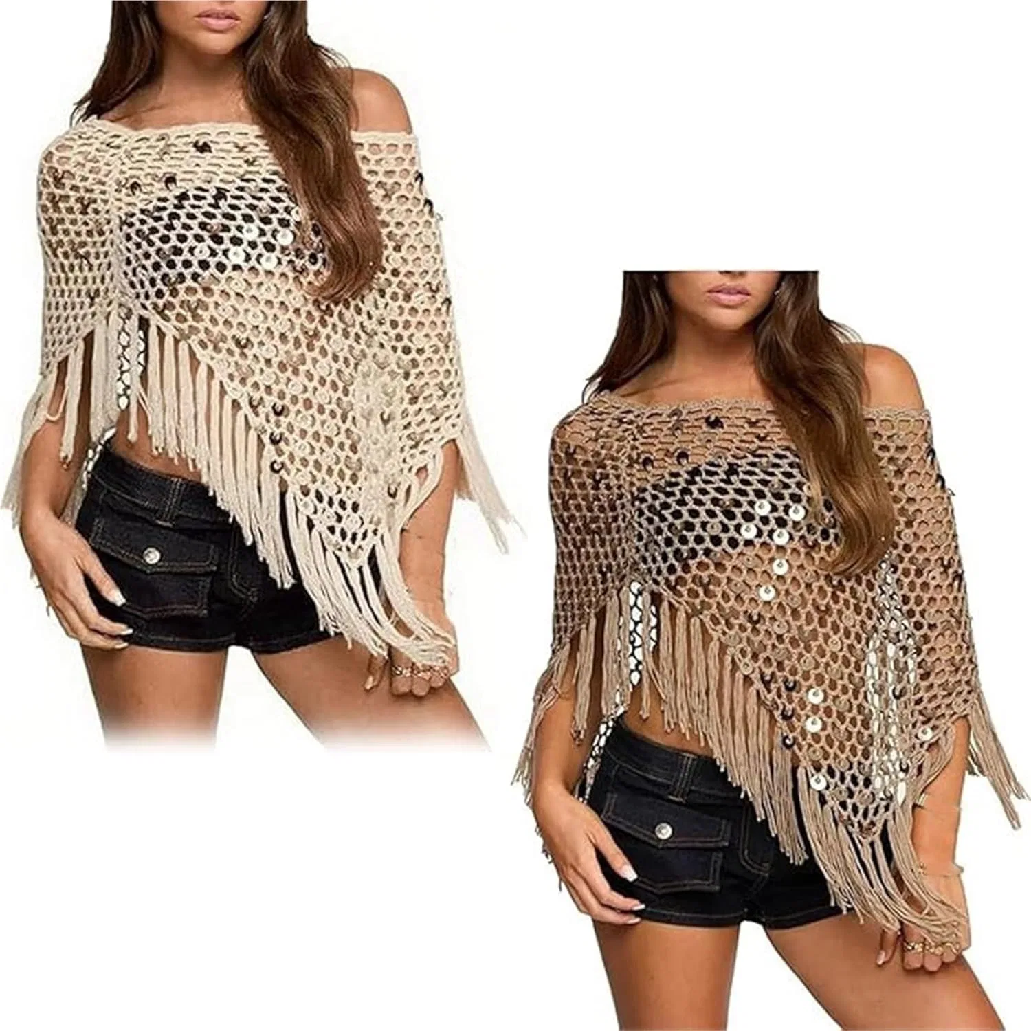 Женское пончо с бахромой и пайетками, Lightweight Knit Mesh Flared Sleeve, Apricot+khaki