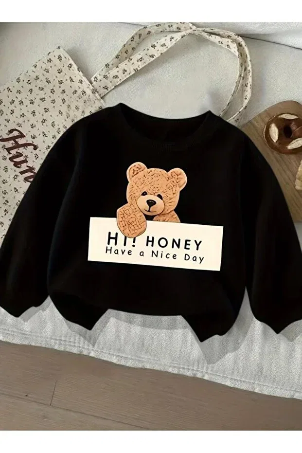 Детские свитшот для девочек с принтом Hi Honey No Plan, Black