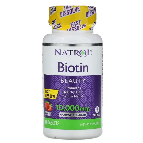 

Биотин, максимальная эффективность, клубника, 10 000 мкг, 60 таблеток, Natrol