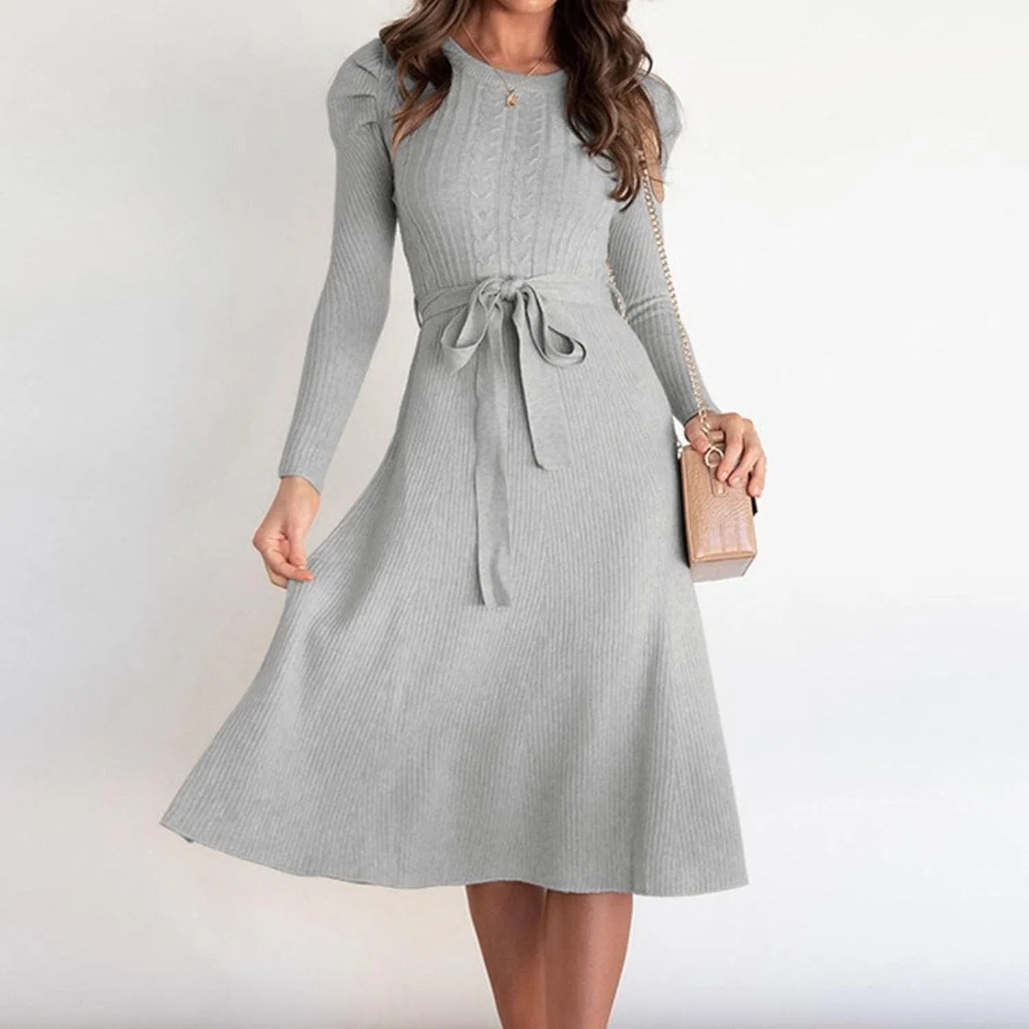 Женское платье-свитер с поясом на талии, Long Sleeve Tie Waist, Gray — фото 2