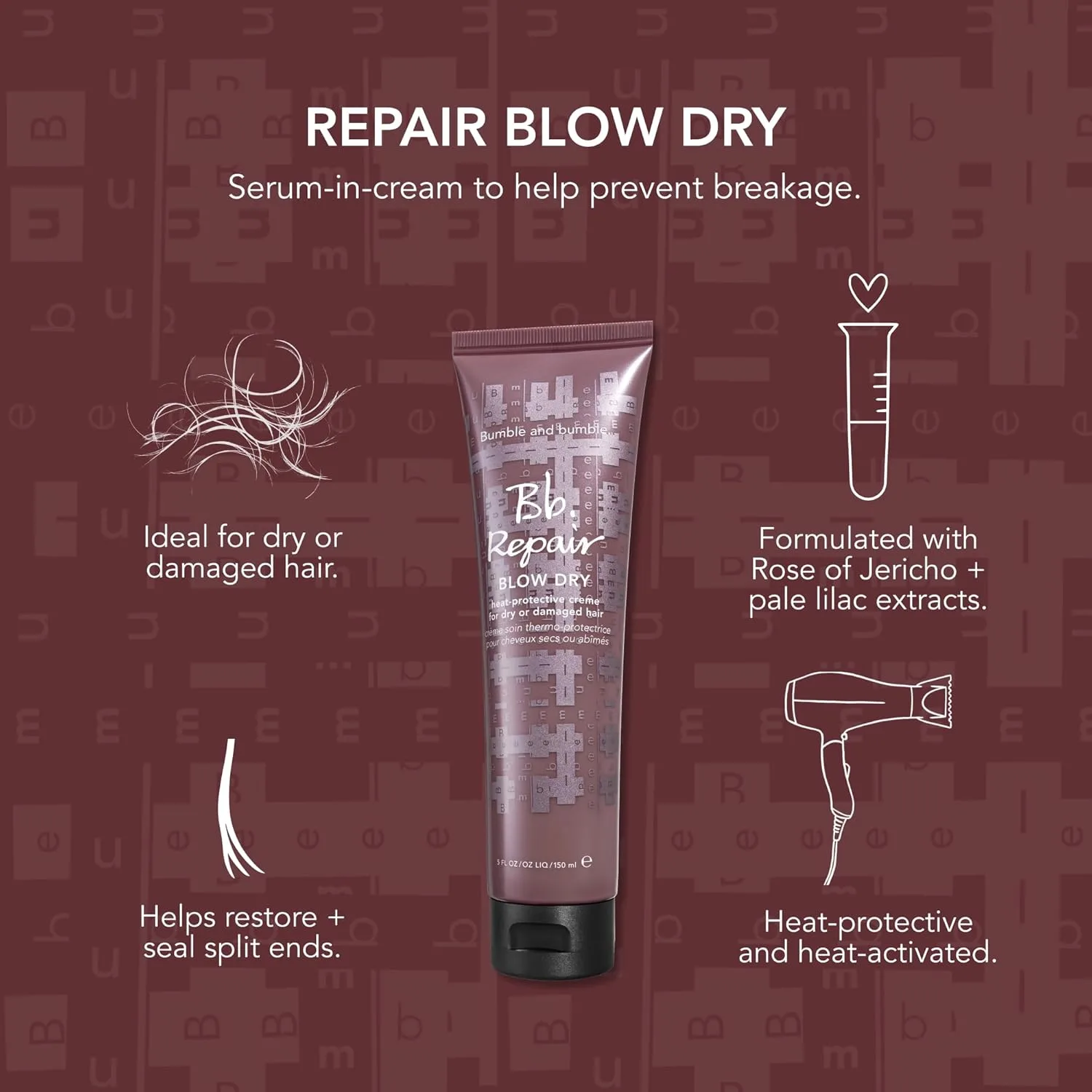 Bumble and bumble Repair Blow Dry Heat Protective Styling Cream для поврежденных волос, разглаживания, запечатывания секущихся кончиков и предотвращения ломкости, для средних и густых вьющихся, волнистых, прямых волос, 150 мл Bumble And Bumble. — фото 4