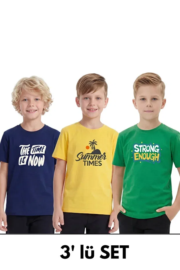 Детский комплект футболок для мальчиков с принтом Fyk Kids, Navy Blue-Yellow-Green