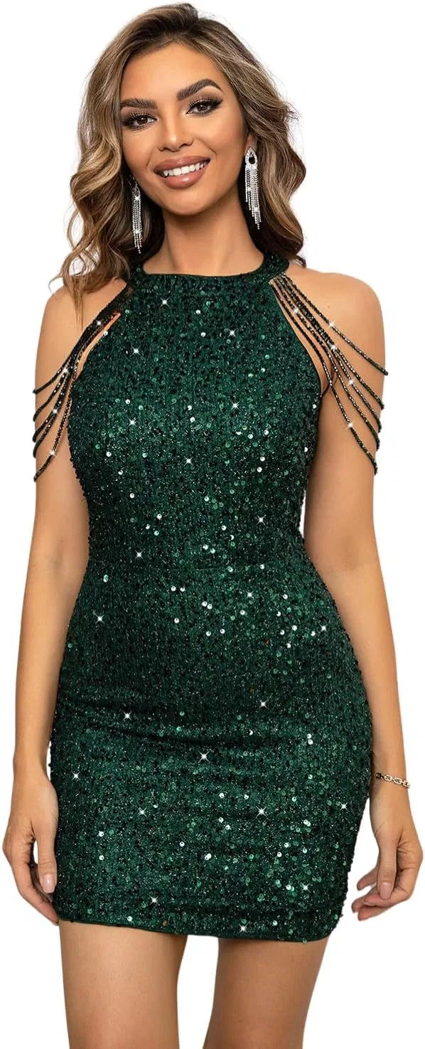 Женское мини-платье с пайетками Fit & Flare, Green
