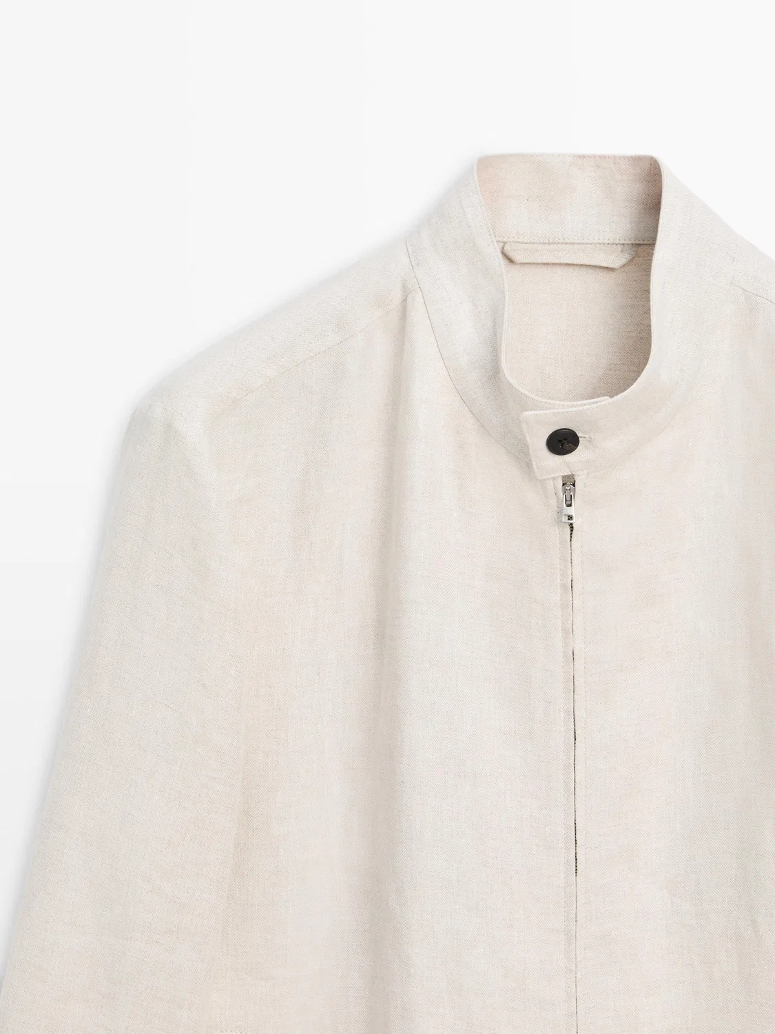 Короткий льняной жакет с узором «елочка» Massimo Dutti, бежевый — фото 4