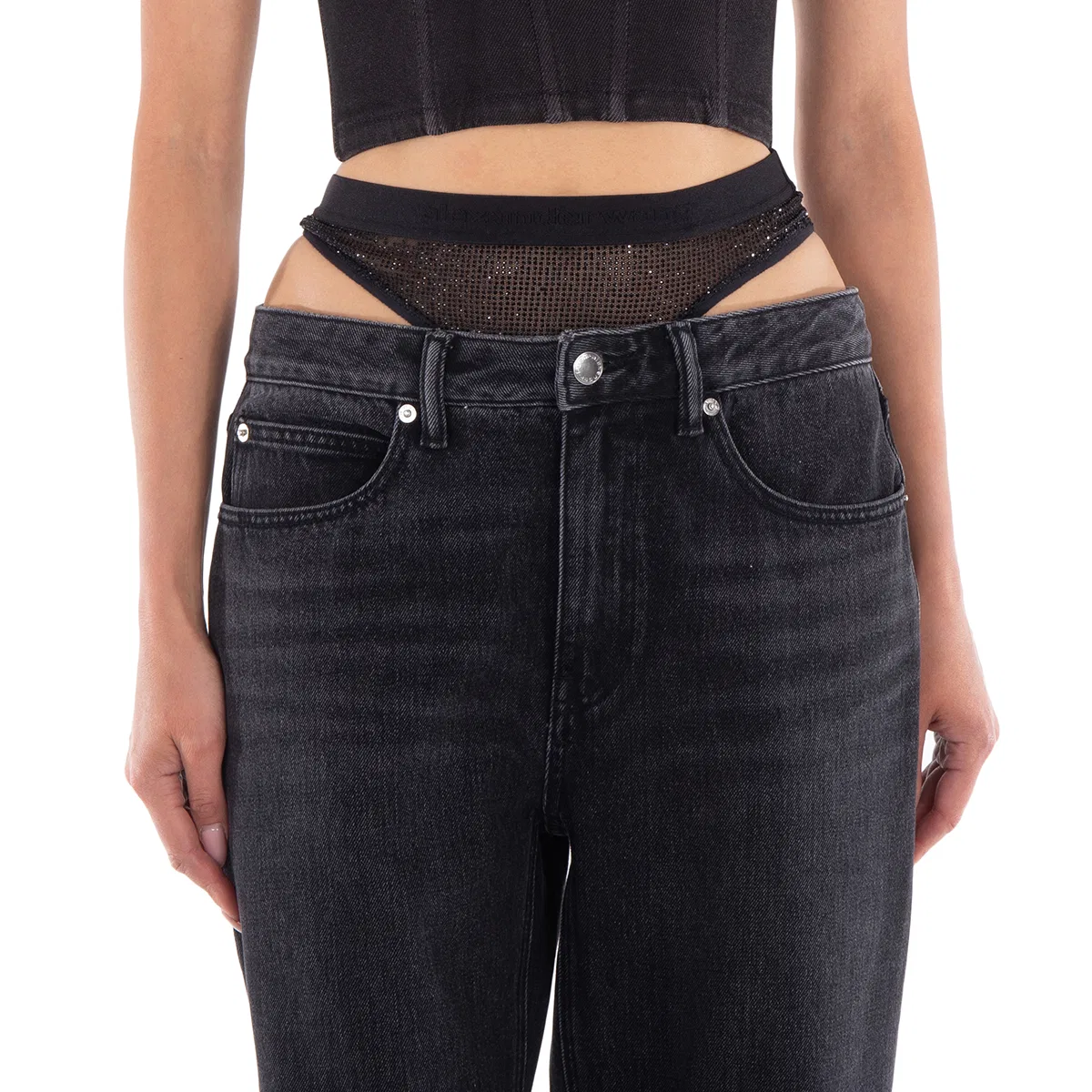 Джинсы с разрезом и декором Slit Hem Jeans With Prestyle Hotfix Undie Alexander Wang, Grey Aged — фото 2